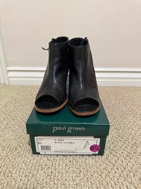 Paul Green Black Leather Peep-Toe Ankle Booties (Size 9)